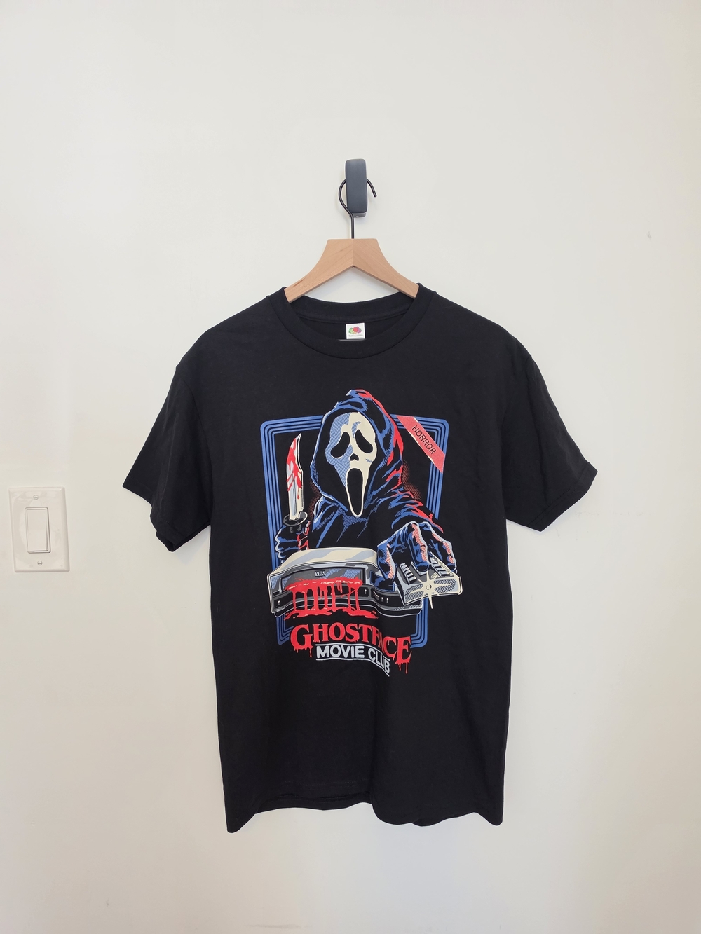 Fruit of the Loom Black Ghostface Movie Club Graphic Tee with Red & Blue Accents